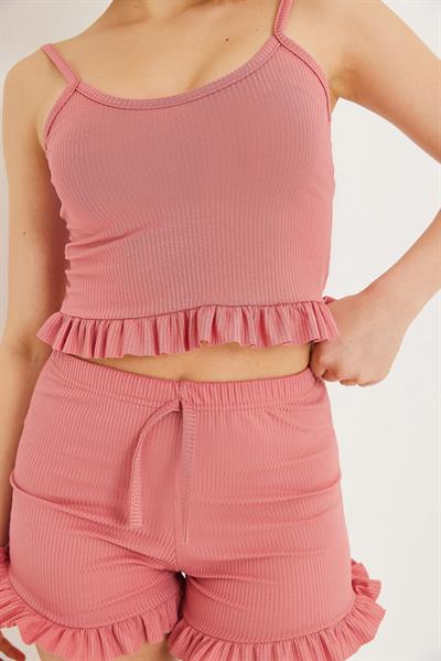 Askılı Fırfırlı Şortlu Takım Pudra