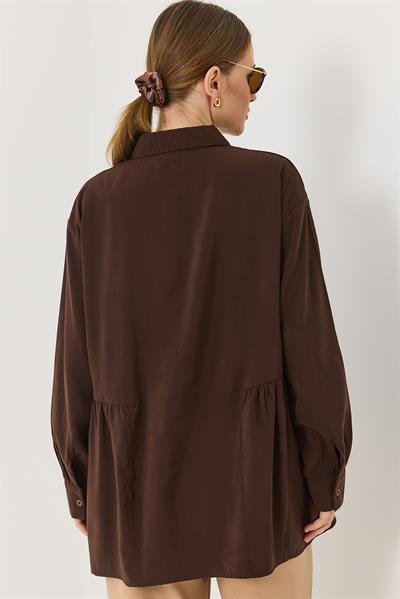 Kahverengi Oversize Eteği Fırfırlı  Düğmeli Yumuşak Dokulu Tunik Gömlek
