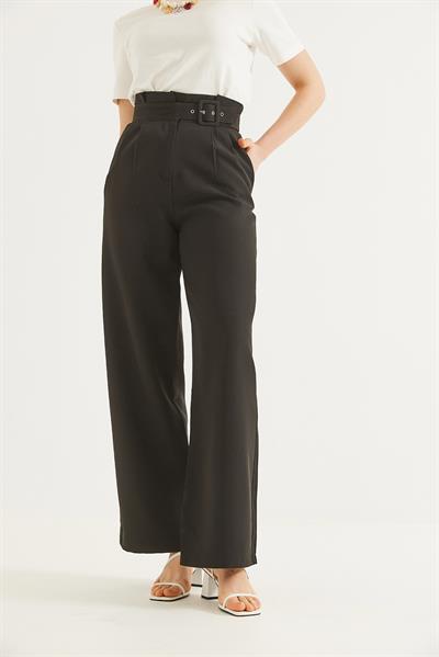 Yüksek Bel  Kemerli Bol Paça Pantolon Siyah