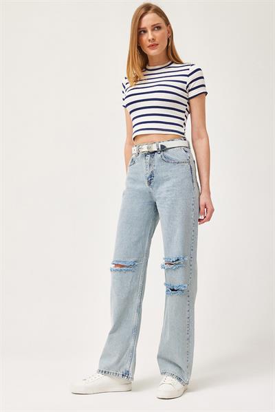 Yüksek Bel Bol Kesim Yırtık Detay Jean Mavi