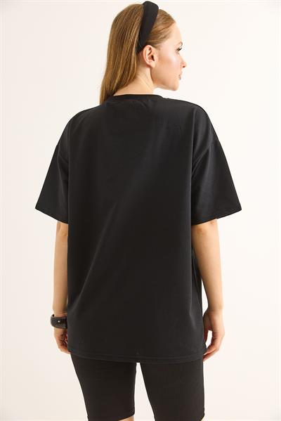 Rahat Kalıp Baskılı Kadın Tshirt Siyah