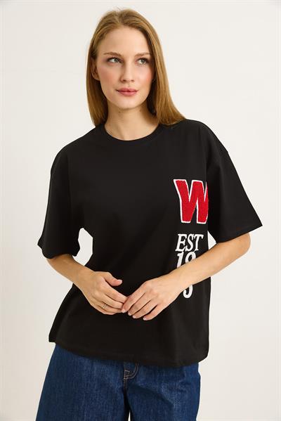 Bisiklet Yaka Rahat Kesim Nakışlı  Tshirt Siyah
