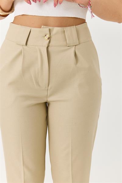 Kadın Havuç Model Yüksek Bel Kalın Kemerli Pantolon Bej