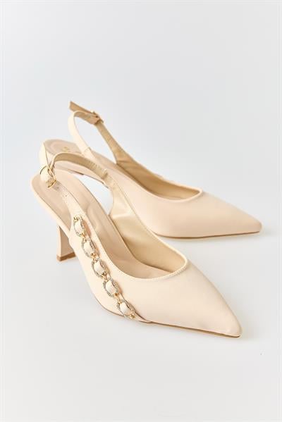 Kadın Sling-Back Yanı Zincir Detaylı Sivri Burun Stiletto Krem
