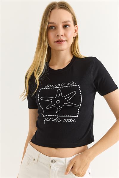 Deniz Yıldızı Baskılı Bisiklet Yaka Crop Siyah