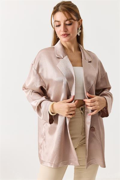 Kadın  Kruvaze Yaka Saten Oversize Blazer Ceket Pudra