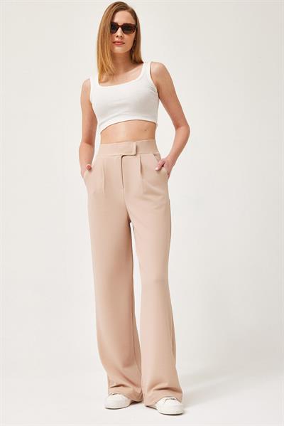 Beli Cırtlı Rahat Palazzo Pantolon Bej