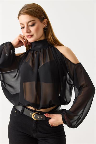Halter Yaka Full Transparan Omuz Dekolteli  Bluz Siyah