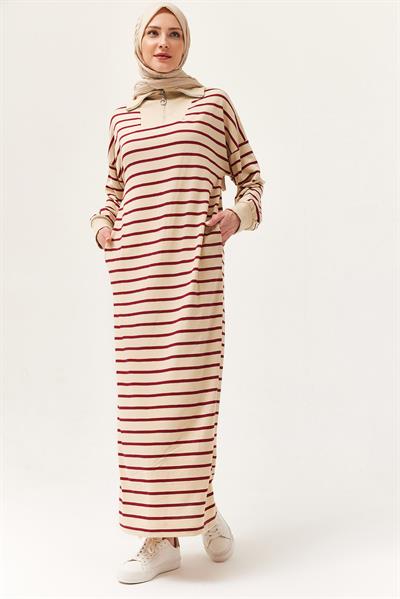 Yarım Fermuar Çizgili Uzun Elbise Bordo