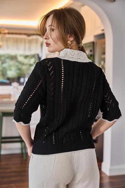 Polo Yaka Ajurlu Triko Bluz Siyah