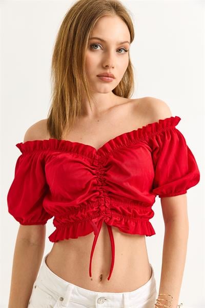Madonna Yaka Büzgülü Crop Bluz Kırmızı