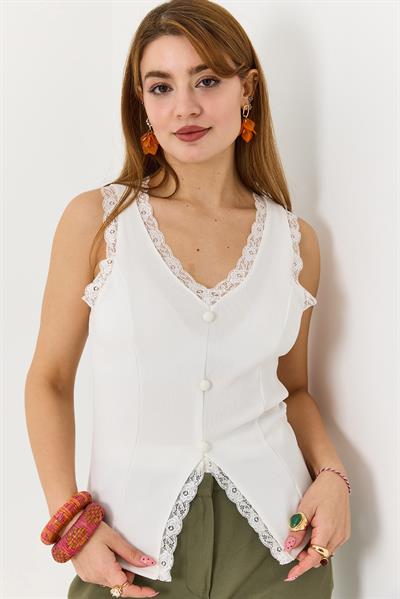 Kadın Kaşkorse Düğmeli  Dantel Detaylı Askılı Bluz Beyaz