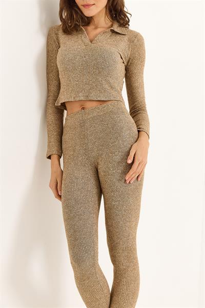 Kadın Polo Yaka İkili Fitilli Takım Vizon