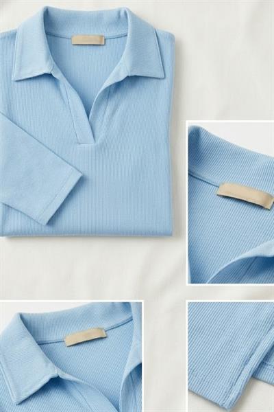 Polo Yaka Basıc Kısa Kollu Örme Kaşkorse Crop Bluz Bebe Mavisi