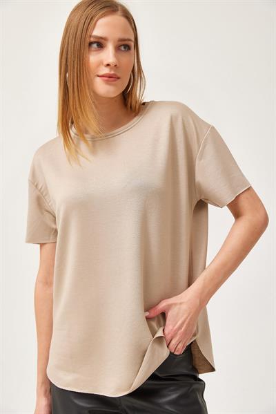 Oysh Yumuşak Dokulu Eteği Oval Modal Tshirt Bej