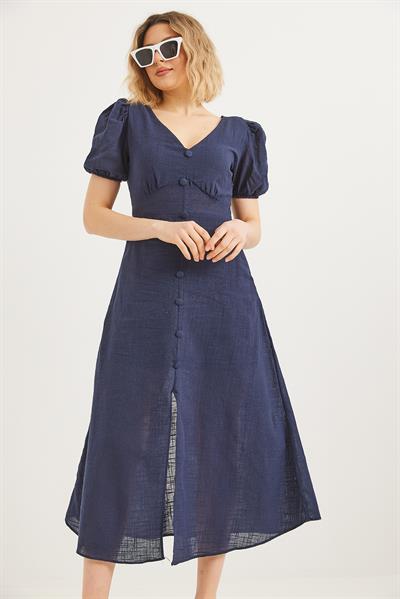 Belden Bağlamalı V Yaka  Keten Elbise Lacivert