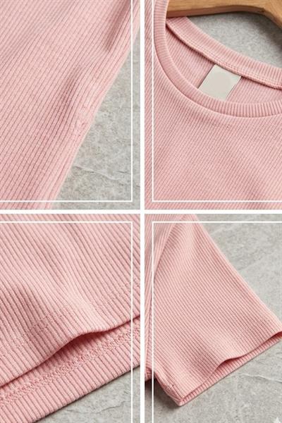 Kadın Bisiklet Yaka Kaşkorse Crop Bluz Pembe