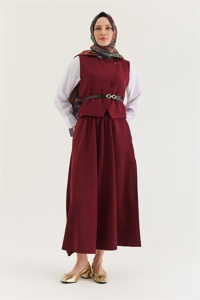 Kemer Detaylı Etekli İkili Takım Bordo