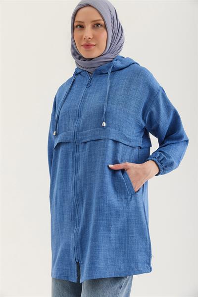 Araboy Kapşonlu Keten Kap Mavi