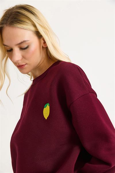 Limon Nakışlı Üç İplik Swetshirt Bordo