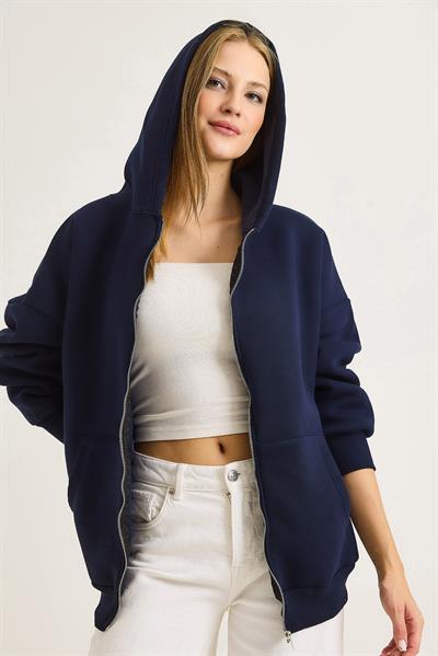 Kadın Oversize Kapüşonlu Fermuarlı Hırka Lacivert