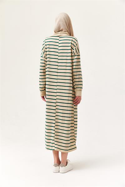 Yarım Fermuar Çizgili Uzun Elbise Yeşil