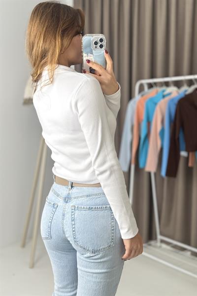 Kadın Polo Yaka Fitilli Crop Bluz Beyaz