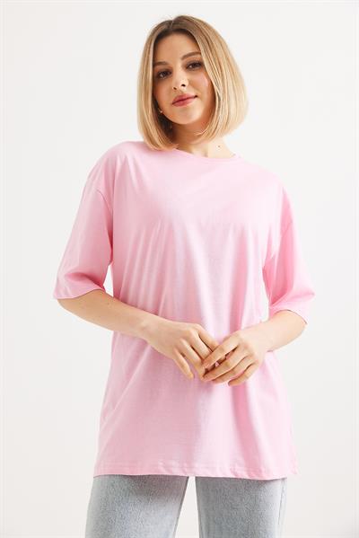 Oversize Bisiklet Yaka Basic Tshirt Pembe