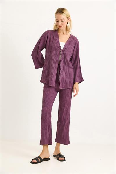 Kimonolu Pantalon Krınkıl Takım Mürdüm