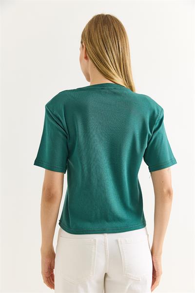 Vatkalı Bisiklet Yaka Basic Tshirt Yeşil