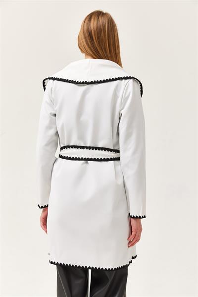 Çoban Dikişli Kuşaklı Hırka Beyaz