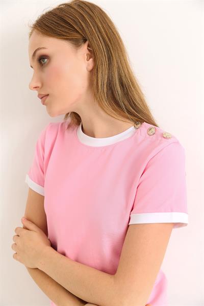 Bisiklet Yaka Kısa Kol Tshirt Pembe