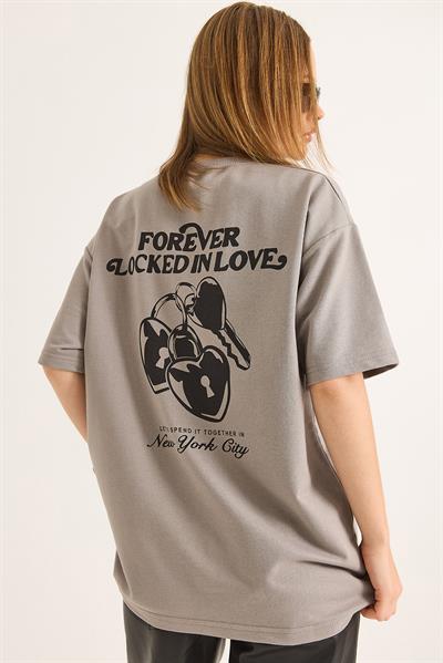 Baskılı Oversize İki İplik Tshirt Gri