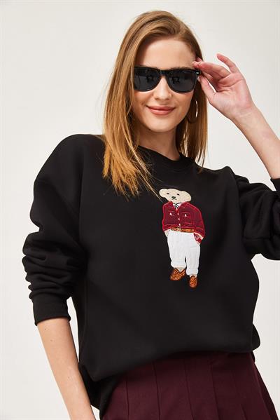 Oversize Nakışlı Sweatshirt Siyah