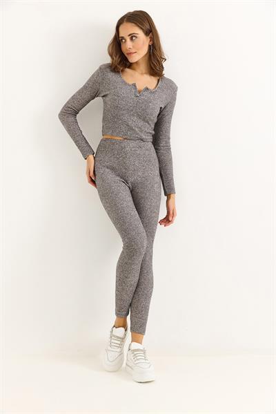Kadın Esnek Tayt Crop Takım Gri