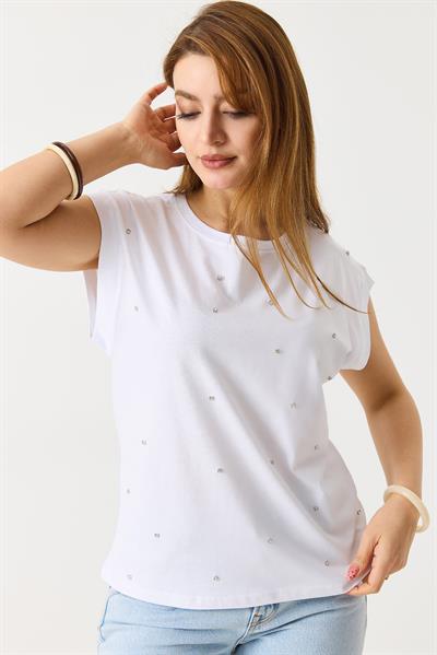 Kadın Taş Detaylı Şık Tshirt Beyaz