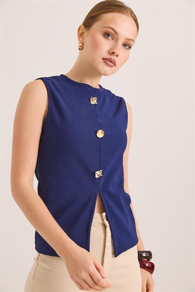 Bisiklet Yaka Gold Düğmeli Ottoman Fitilli Bluz Saks