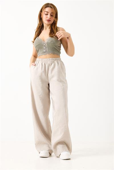 Kadın Bol Kesim Tensel Kumaş Beli Lastikli Ekru
