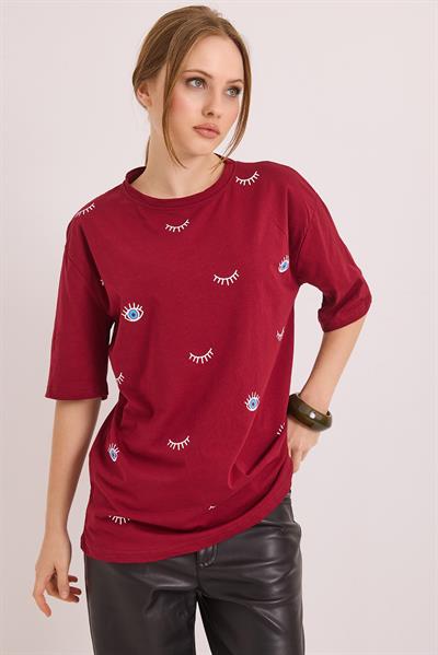 Göz Baskılı Oversize Pamuk Süprem Tshirt Bordo