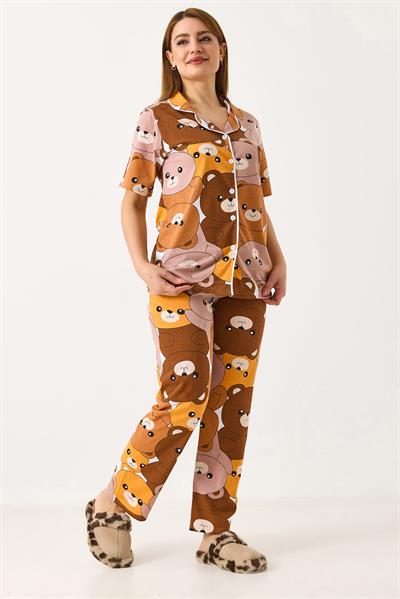 Kadın Kısa Kollu Düğmeli Desenli Pijama Takımı Taba