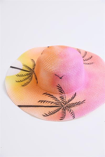 Büyük Kenarlı Renkli Hasır Kadın Şapka Pembe