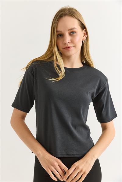 Vatkalı Bisiklet Yaka Basic Tshirt Füme