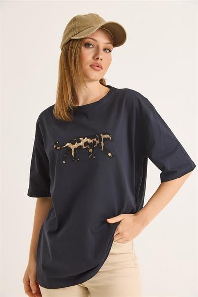 Ön Arka Nakışlı Oversize Pamuk T-Shirt Antrasit