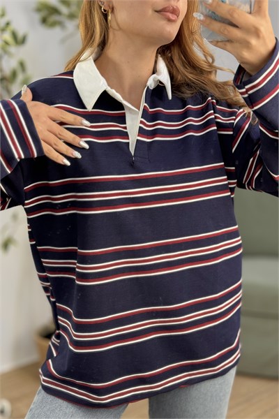 Kadın Çizgili Polo Yaka Sweatshirt Lacivert
