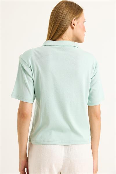 Polo Yaka Yarı Fermuarlı  Kadın Tshirt Yeşil