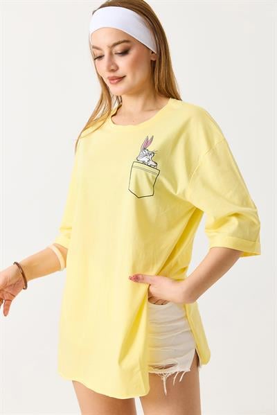 Kadın Yanları Yırtmaçlı  Oversize  Basic Tshirt Sarı