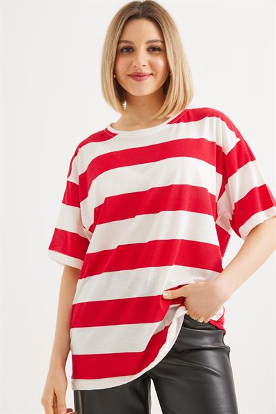 Bisiklet Yaka  Çizgili Basic Tshirt Kırmızı