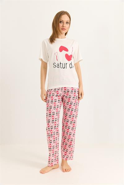 Bisiklet Yaka Beli Lastikli Pijama Takım Pembe