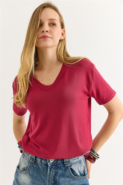 V Yaka Rahat Kalıp Bluz Vişne Çürüğü