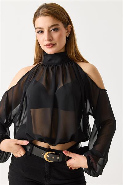 Halter Yaka Full Transparan Omuz Dekolteli  Bluz Siyah